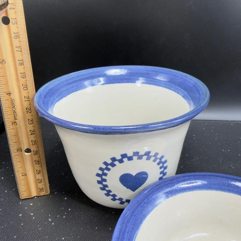 Brinker‎ Pots Dip Crock Set Blue Heart Stoneware Pottery Kansas City 2000s 2pc